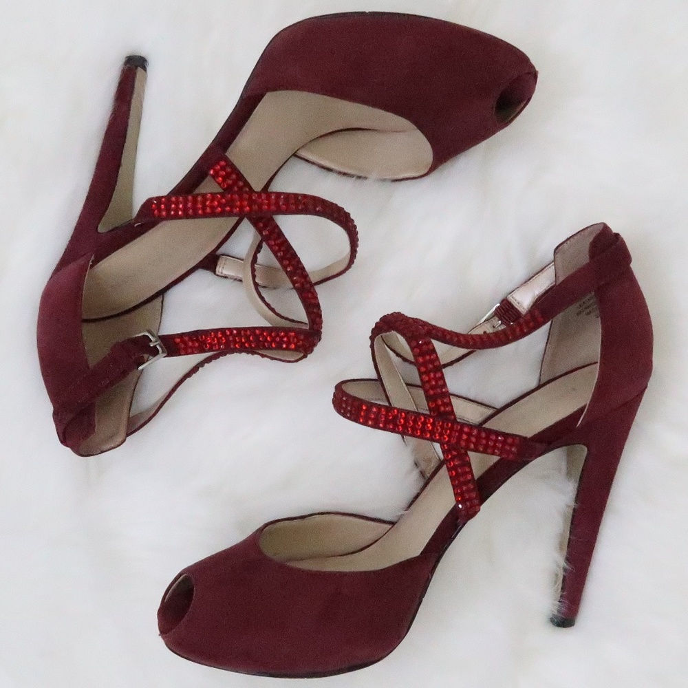 Nine West Burgundy Red Suede Peep-Toe High Heels with Red Rhinestone Straps